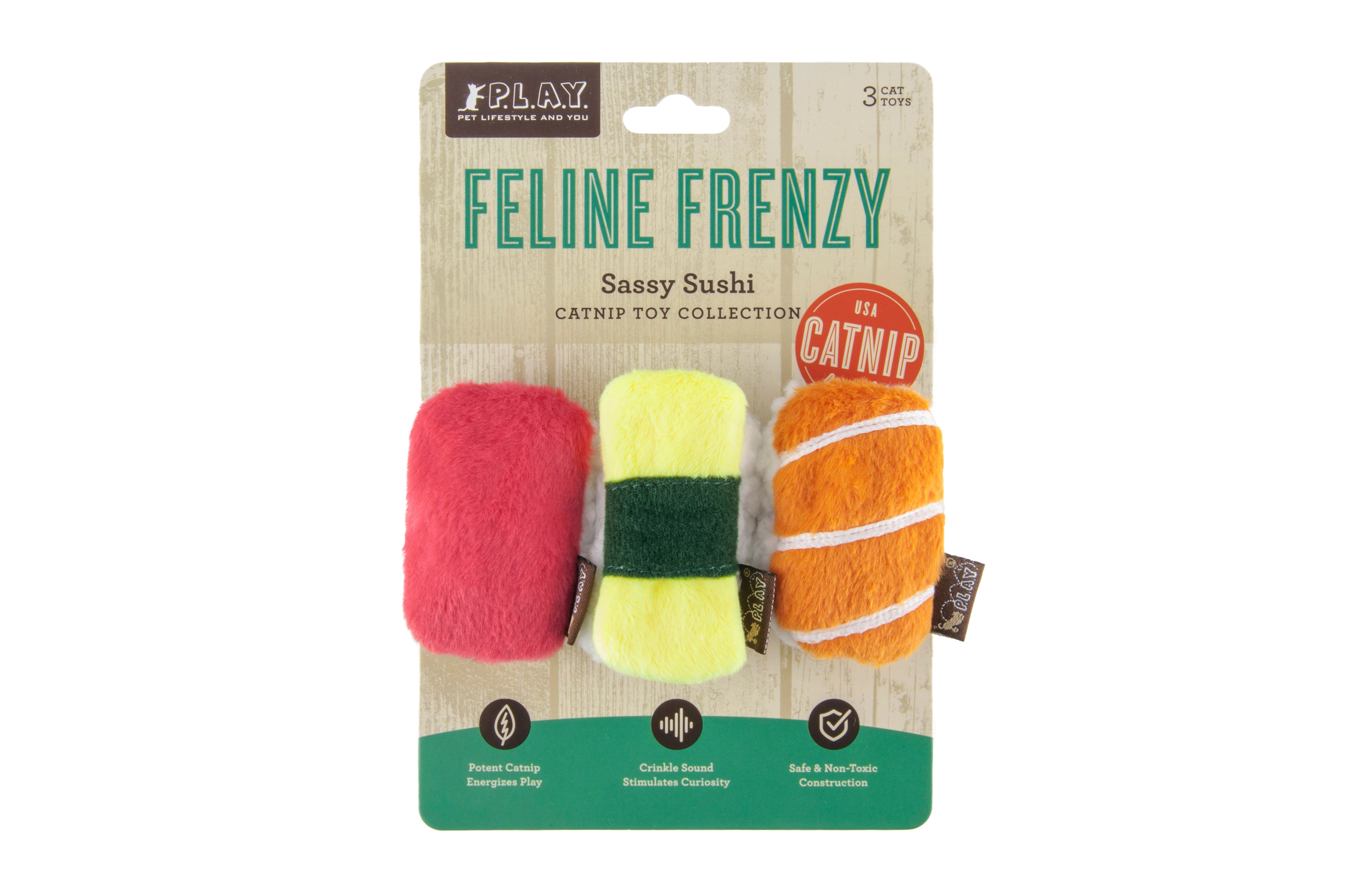 Feline Frenzy Juguete con Catnip para Gatos - Sassy Sushi (3 Piezas) | Pet P.L.A.Y.