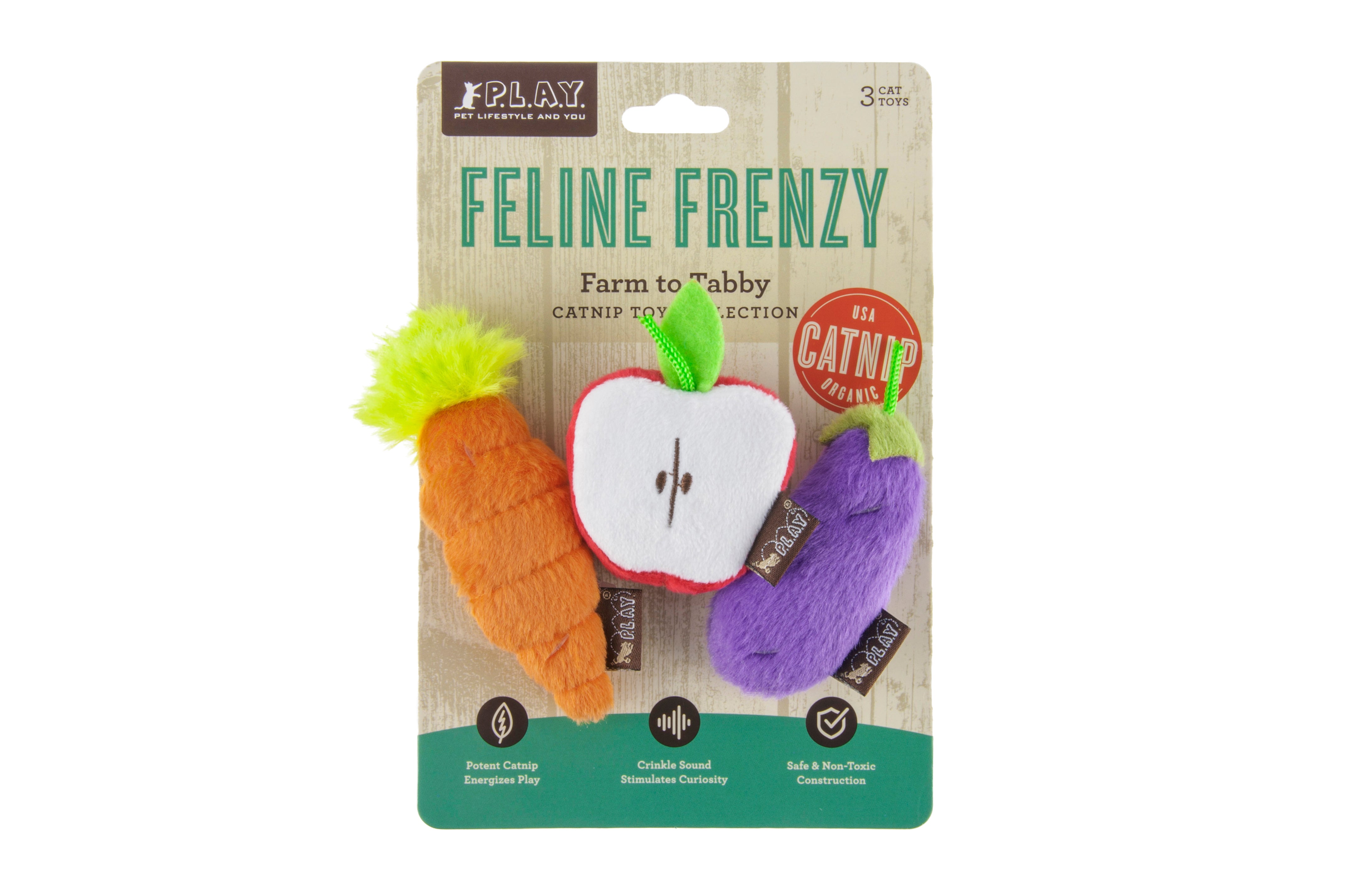 Feline Frenzy Juguete con Catnip para Gatos - Farm to Tabby (3 Piezas) | Pet P.L.A.Y.