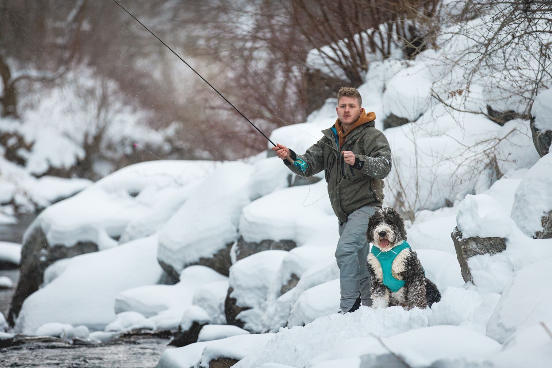 Chamarra para Perros Quinzee™ - Acolchada y Plegable - Verde Piedra (River Rock Green) | Ruffwear®